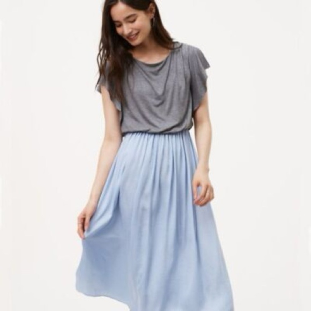 LOFT Blue and grey Midi A-Line Dress size L